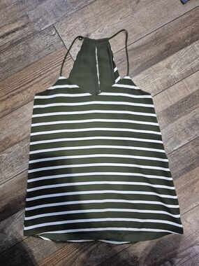 Express Olive Green & White Striped Reversible  Halter Tank Top